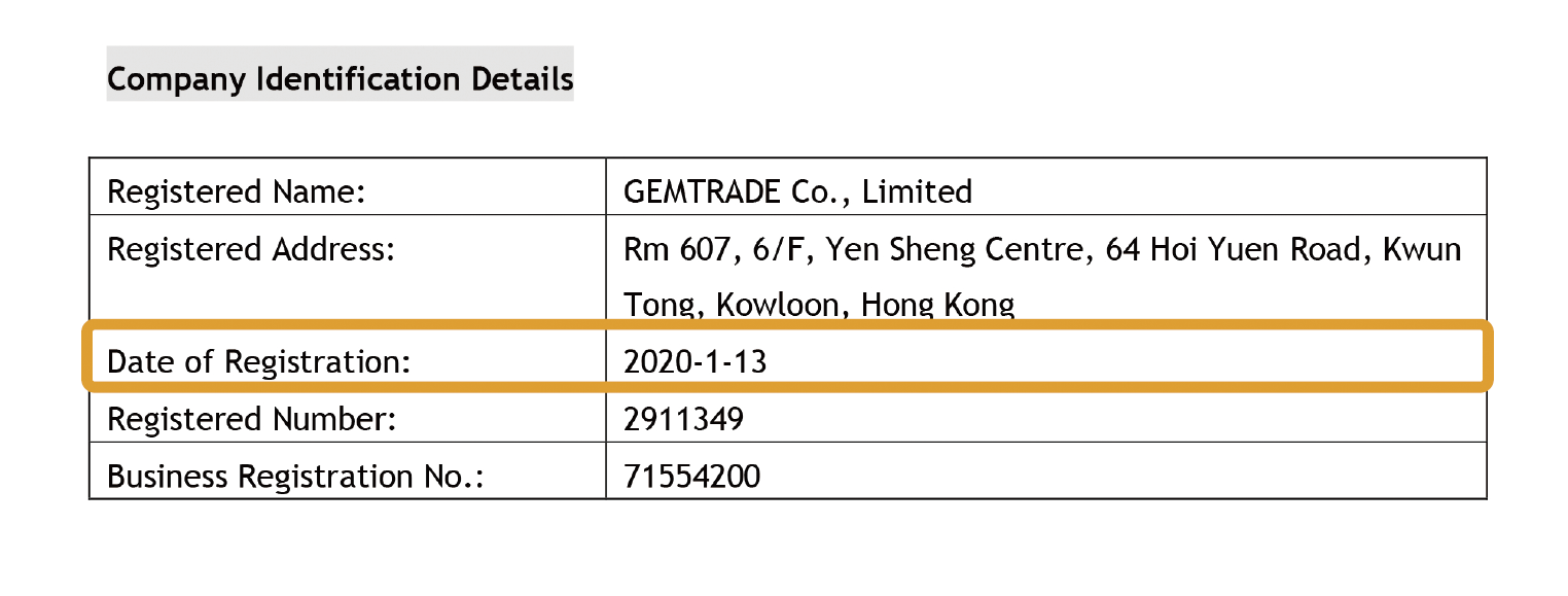現地調査会社の報告、および香港の法務局に相当する機関で確認できる登記簿によると、GEM-TRADE Co.,Ltdの登記日は2020年1月13日となっており、同社は2020年1月から存在したことが分かります。