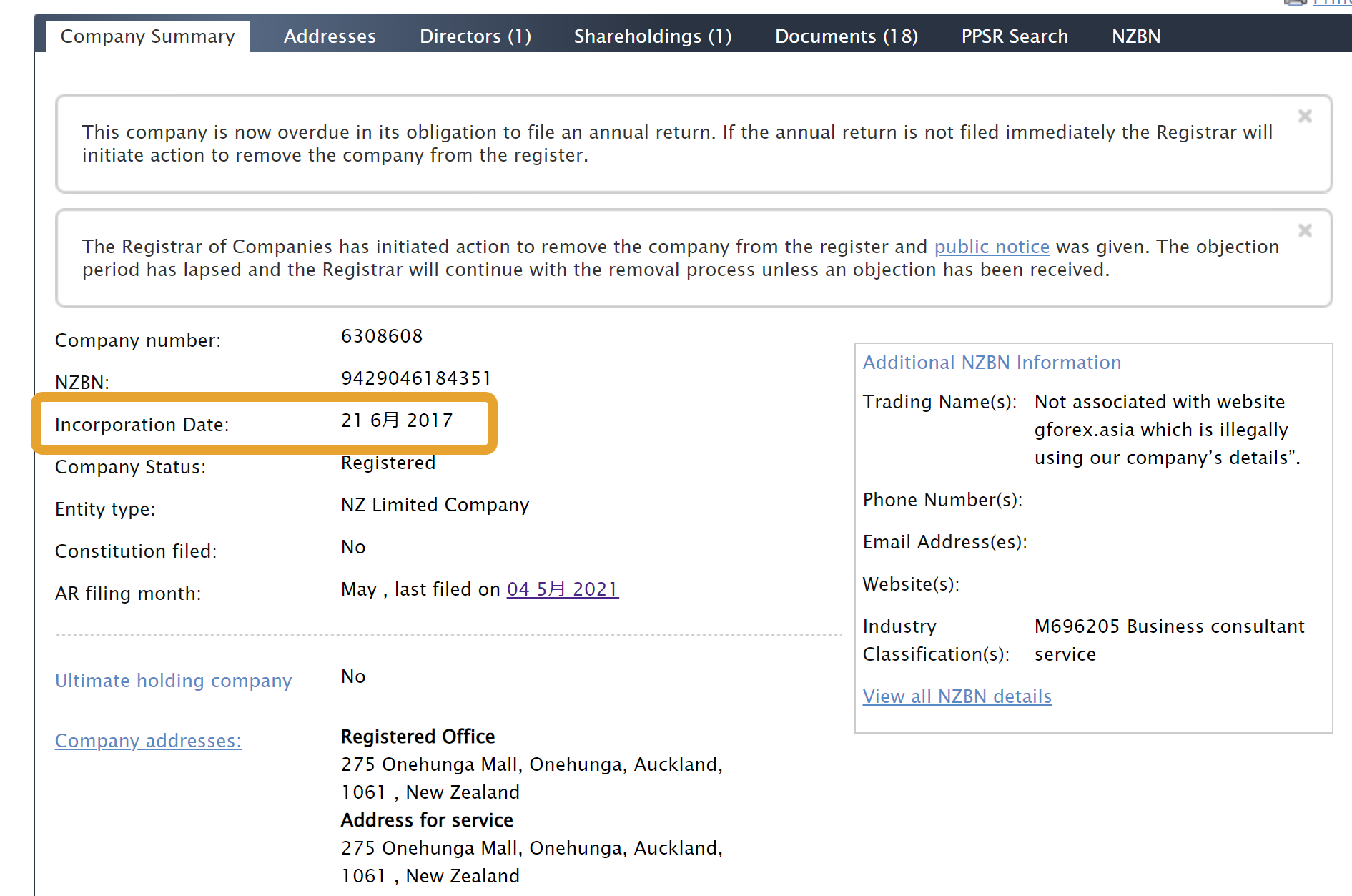 ニュージーランド政府が運用する企業登録サイトから取得した登録情報です。